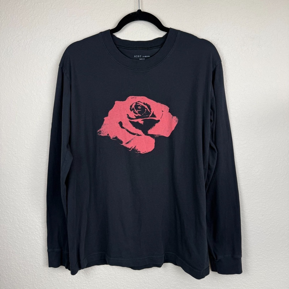 6397  100% Cotton Black Long Sleeve Women's Shirt Rose Graphic Sz M Streetwear